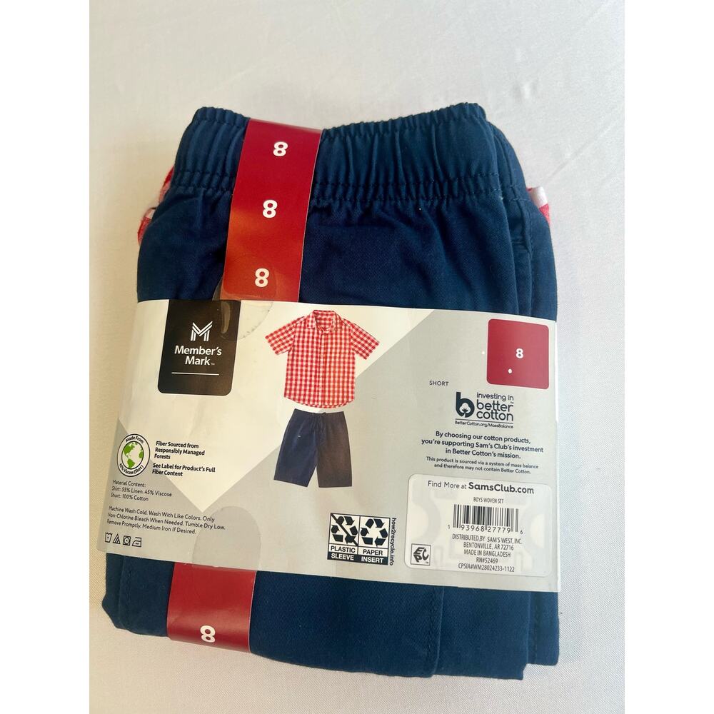 Member's Mark Boy's 2 Piece Short Sleeve Shirt Short Set Red Gingham Size 8